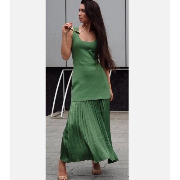ZARA NEW WOMAN LONG PLEATED KNIT COMBINATION DRESS GREEN 4192/055 S M L - Picture 7 of 17